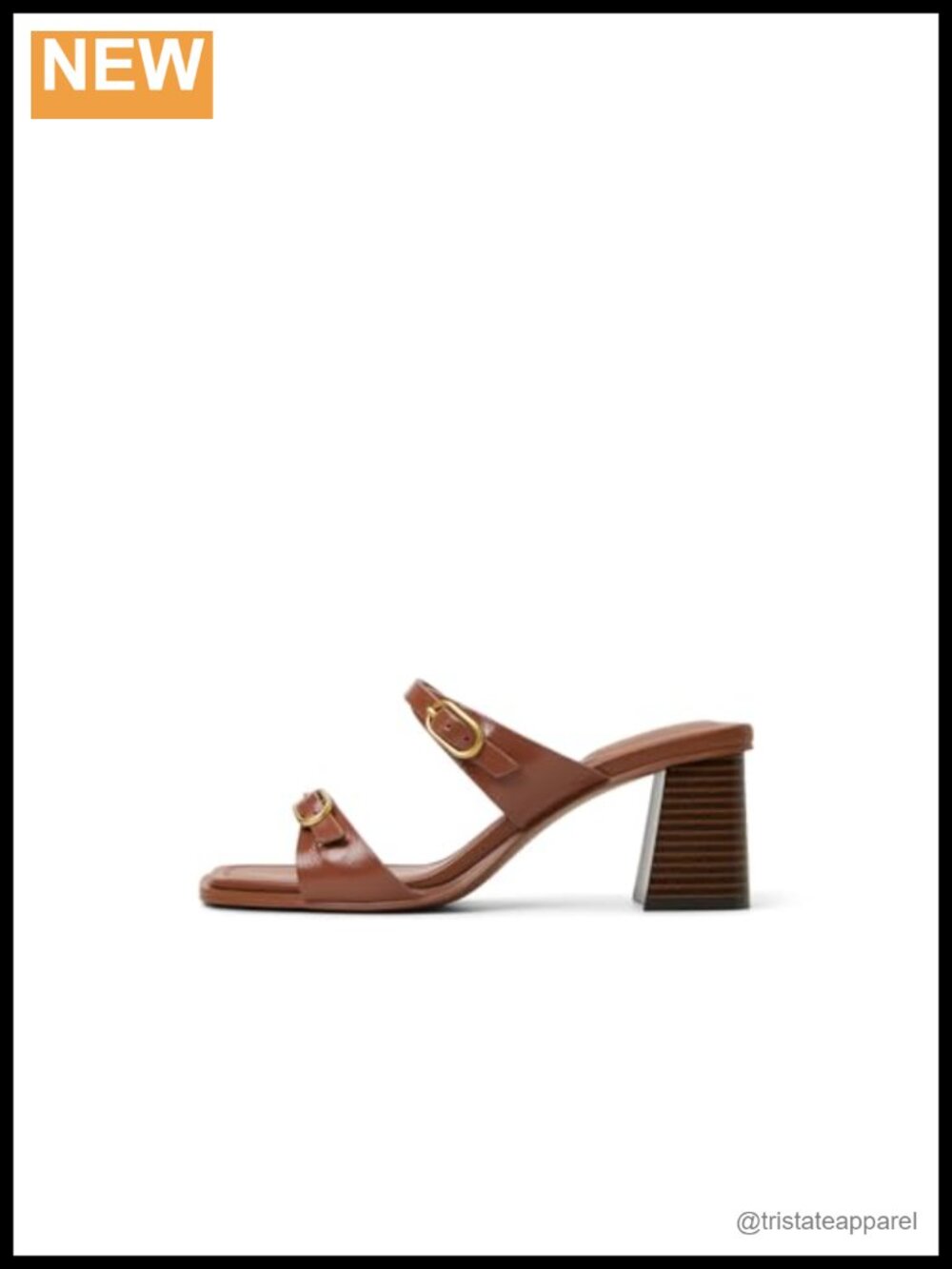 Block Heel Slingback Slide Sandal Square Toe Buckle Leather